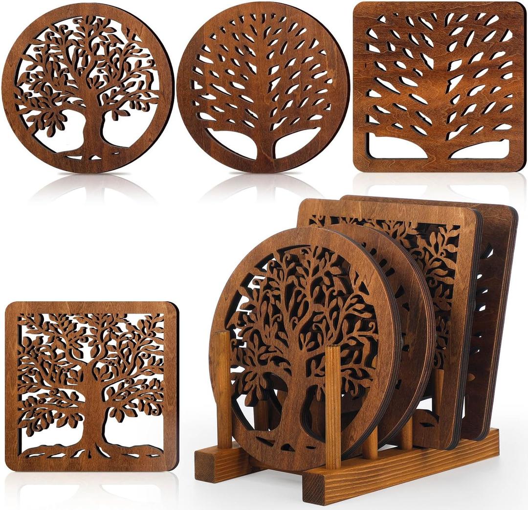 Beeveer 5 Pcs Life Tree Wooden Trivets with Storage Rack Hot Pads Trivets for Hot Dishes Pots and Pans Heat Resistant Mat Set Tea Pot Holders for Kitchen Dining Table(Dark Wood)