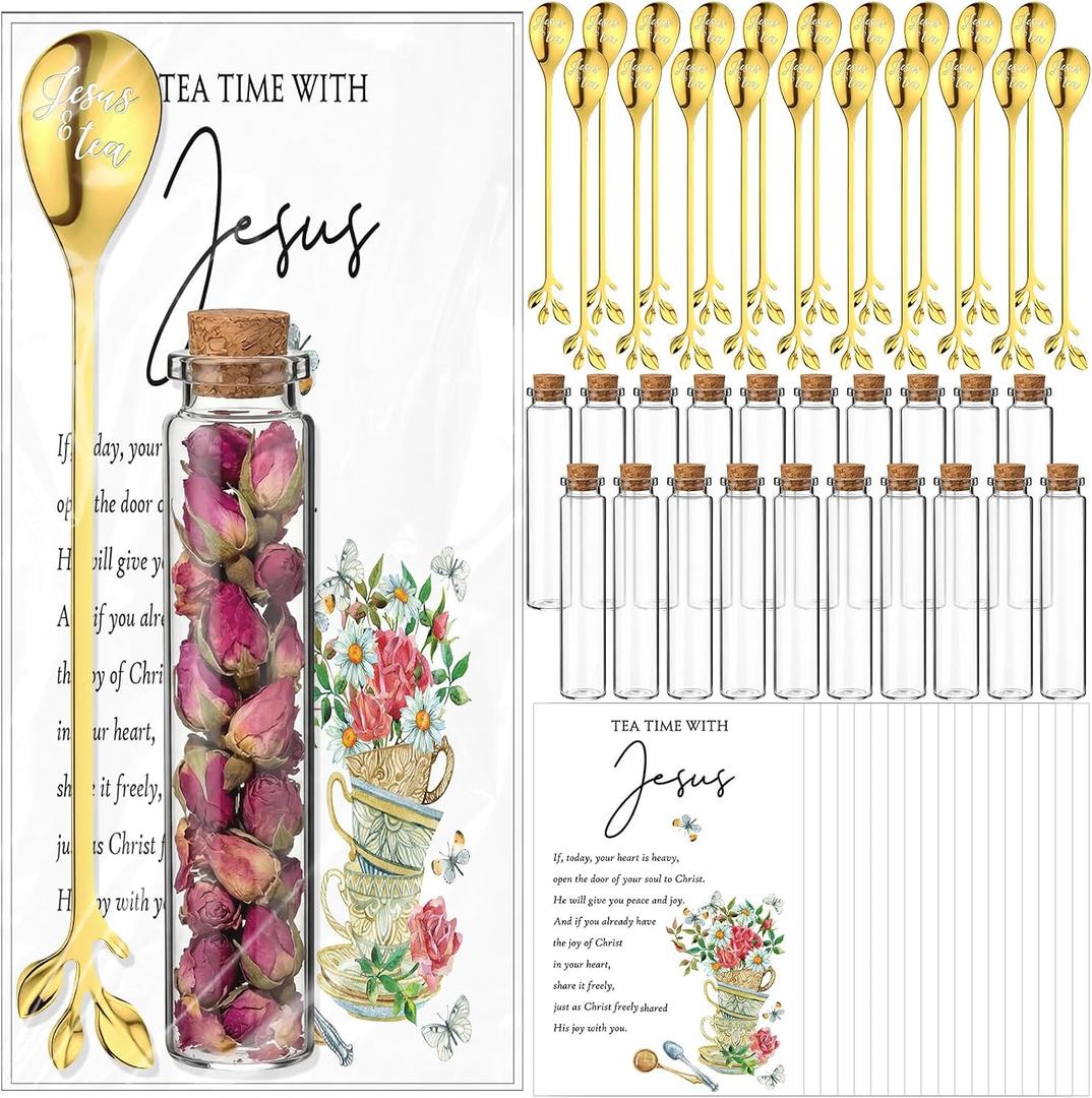72pcs/24 Sets Tea Party Favors for Women Jesus Teaspoons Glass Jar with Prayer Cards 6.5" Coffee Spoons Souvenirs, Teaspoons for Christian Tea Party Favors Church Family Reunion Gifts (Gold)