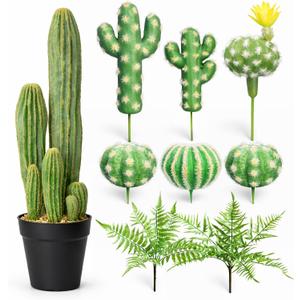 Artificial Cactus Decor Set, 9 Piece Fake Cactus Plants Indoor, 24 Inch Large Faux Potted Cactus with 6 Cactus Picks and 2 Fern Stems