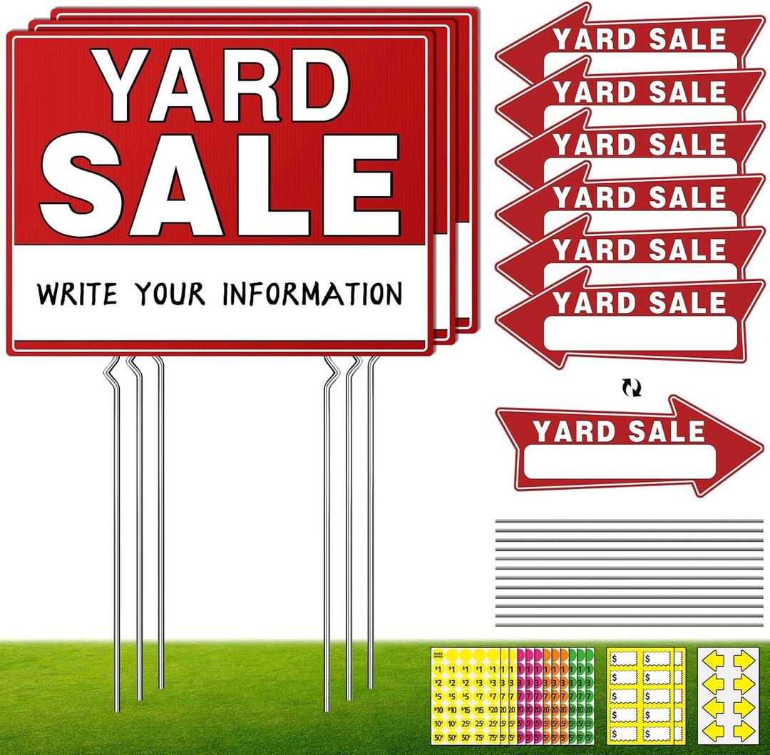 14pcs Yard Sale Signs, 17" x 13", Double Sided with Metal Stake, Pricing Stickers, Directional Arrows & Neon Stickers, Garage Sale Supplies