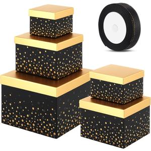 5 Valentine's Day Black Square Nesting Boxes Decorative Gift Boxes with Lid and Ribbon 5 Assorted Sizes Wrap for Valentine, Anniversary, Birthday
