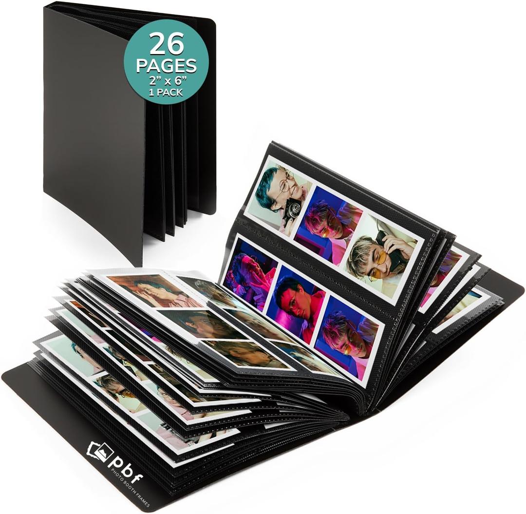 pbf Photo Booth Album | 2x6 Strips Memory Book | 26 Pages, Holds 104 Photos (Black, Wedding, 1-Pack)