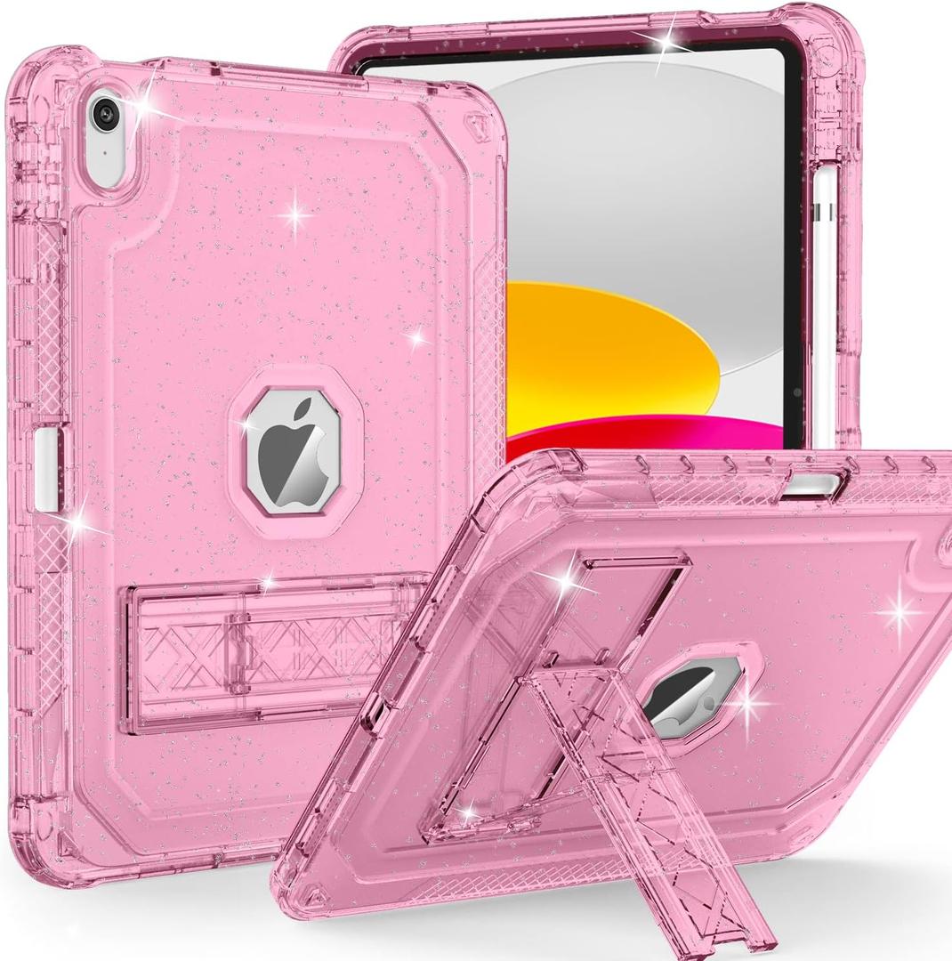 Case for iPad 11-inch (A16) 2025 / iPad 10th Gen 10.9 inch 2022, Heavy Duty Shockproof Rugged Protective with Pencil Holder, 11th / 10th Translucent Cover with Kickstand, Pink Glitter