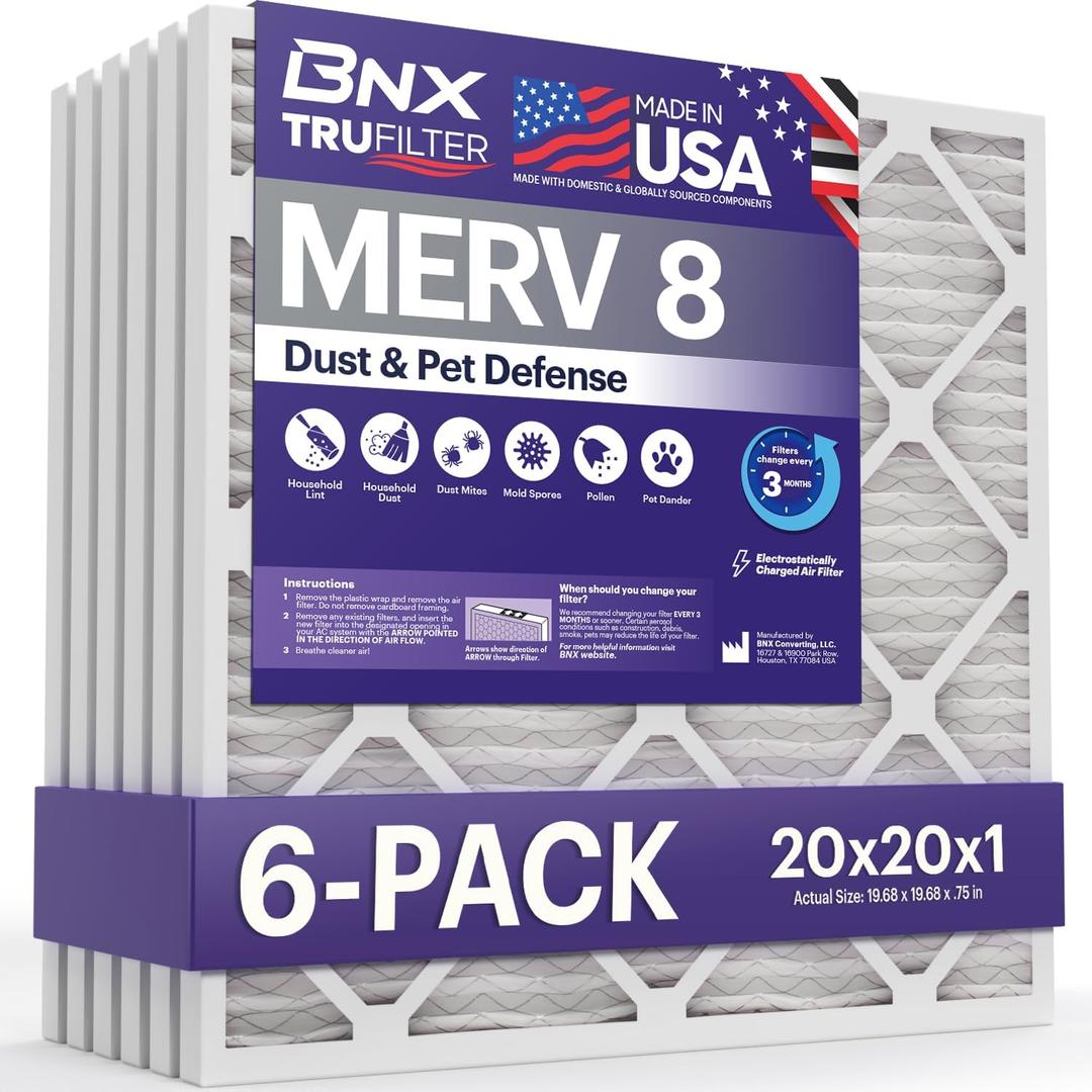 BNX TruFilter 20x20x1 Air Filter MERV 8 (6-Pack) - MADE IN USA  Dust & Pet Defense Electrostatic Pleated Air Conditioner HVAC AC Furnace Filters for Dust, Pet, Mold, Pollen MPR 600  700 & FPR 5
