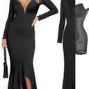 Popilush Long Sleeve Cocktail Dress for Women Shapewear Tummy Control Party Dresses Deep V Neck Lace Mermaid Maxi Dress (Large, Black)