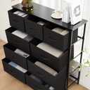 Dresser for Bedroom with 9 Drawers, Anti-Tip Tall Fabric Chests Storage Organizer Tower Furniture with Wooden Top Metal Frame for Clothes, Closet, Living Room, Hallway, Entryway
