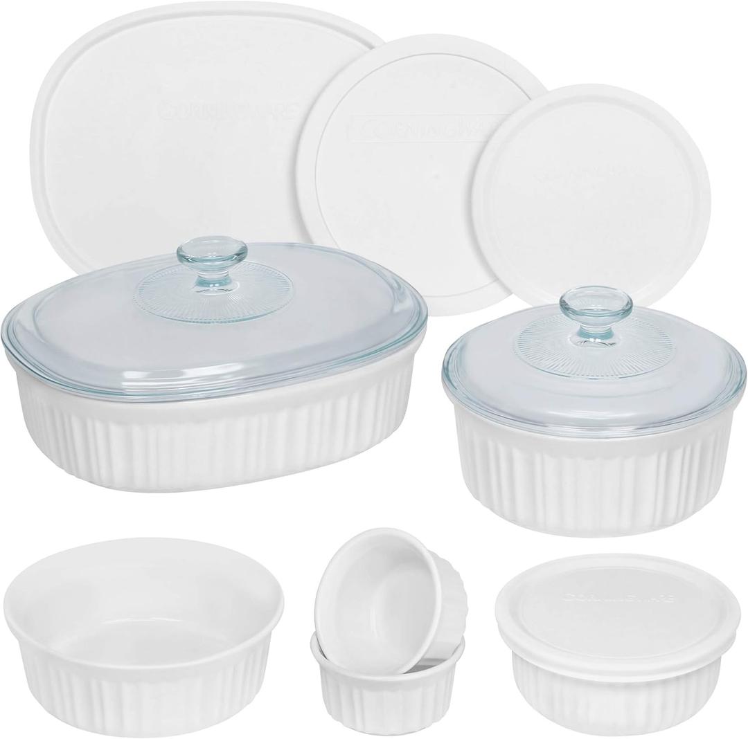 CorningWare French White 12-Pc Ceramic Bakeware Set with Lids, Chip and Crack Resistant Stoneware Baking Dish, Microwave, Dishwasher, Oven, Freezer and Fridge Safe
