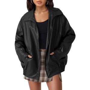 AUTOMET Women's Oversized Faux Leather Jacket Boyfriend Biker Moto Coat Lightweight Fall Bomber Outerwear, XS