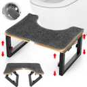 Bamboo Toilet Stool Foldable, 7 in, 8 in Or 9 in Adjustable Heights Squat Stool Potty for Adults Kids,Poop Step Stool with Extra Soft Microfiber Rug, Improve Bathroom Posture and Comfort (Black+gray Mat)