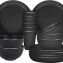 Plates and Bowls Sets, 18 piece Lightweight Unbreakable Dinnerware Set for 6Camping Plates for Picnic Dish Sets with 23cm Plates, 15cm Bowls, Cups for Kitchen Black