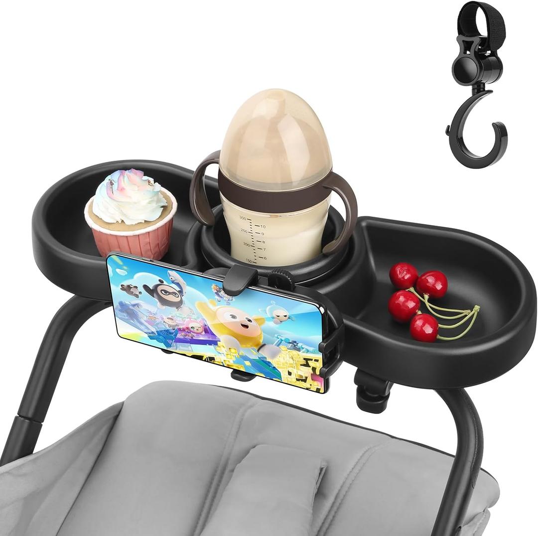 Universal Stroller Snack Tray, 4 in 1 Stroller Tray Attachment with Cups Phone Holder for Baby Toddler Stroller, 360 Rotation Universal Stroller Tray Compatible with Uppababy, Baby Jogger, etc
