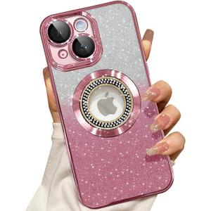 Misscase for iPhone 15 Magnetic Glitter Case Compatible with MagSafe,Full Protection Slim Shockproof Anti-Scratch Case with Camera Lens Protector Logo View Dust-Proof Net for Women Pink