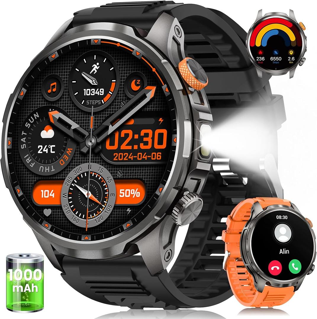 Smart Watches for Men(100 Days Battery/Flashlight), 5 ATM Waterproof Military Smart Watch with Heart Rate/Sleep/SpO2/Calling/110+ Sports Mode, Rugged Men's Fitness Tracker Watch for Android iPhone