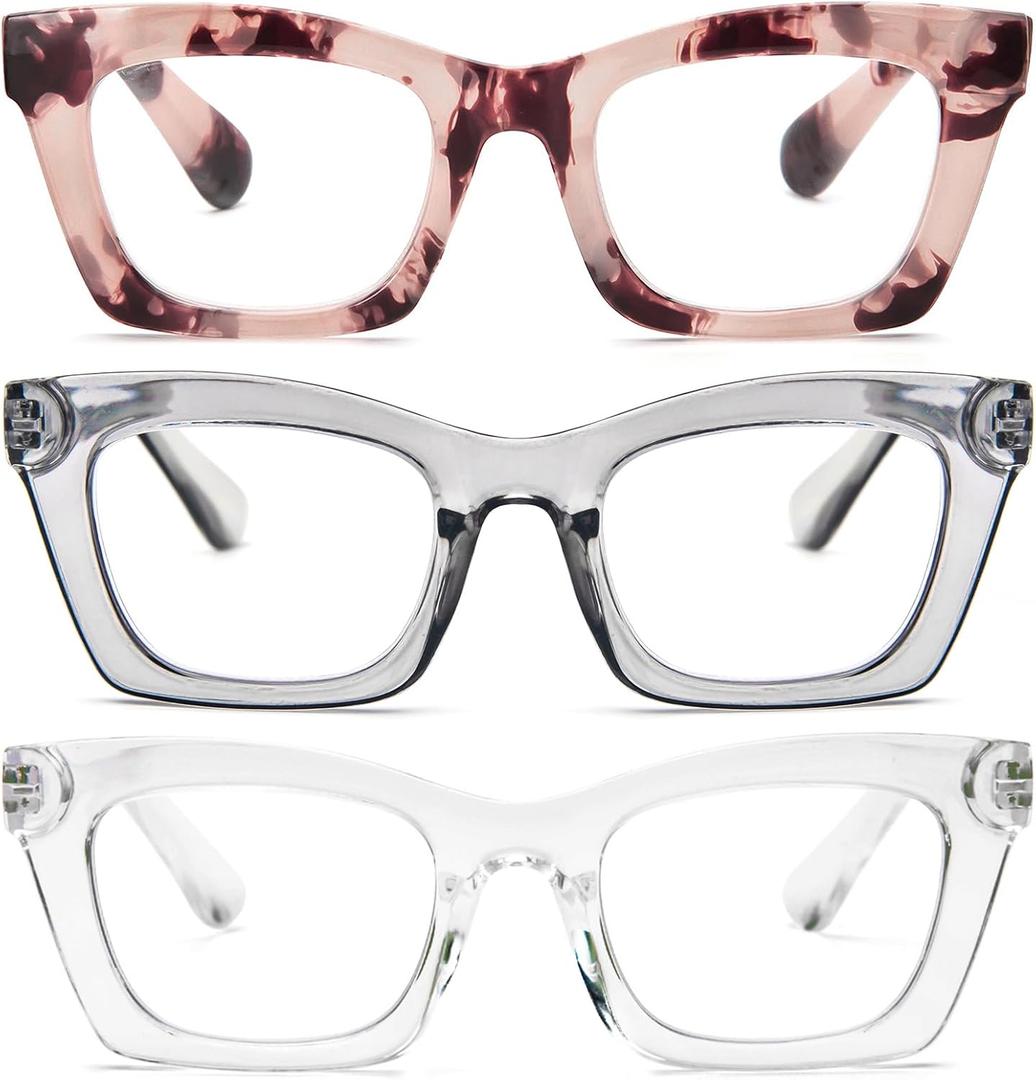 REAVEE Oprah Style Reading Glasses for Women, Blue Light Blocking Cute Oversized Square Computer Readers Spring Hinge (Clear/Pink Leopard/Grey) +1.25
