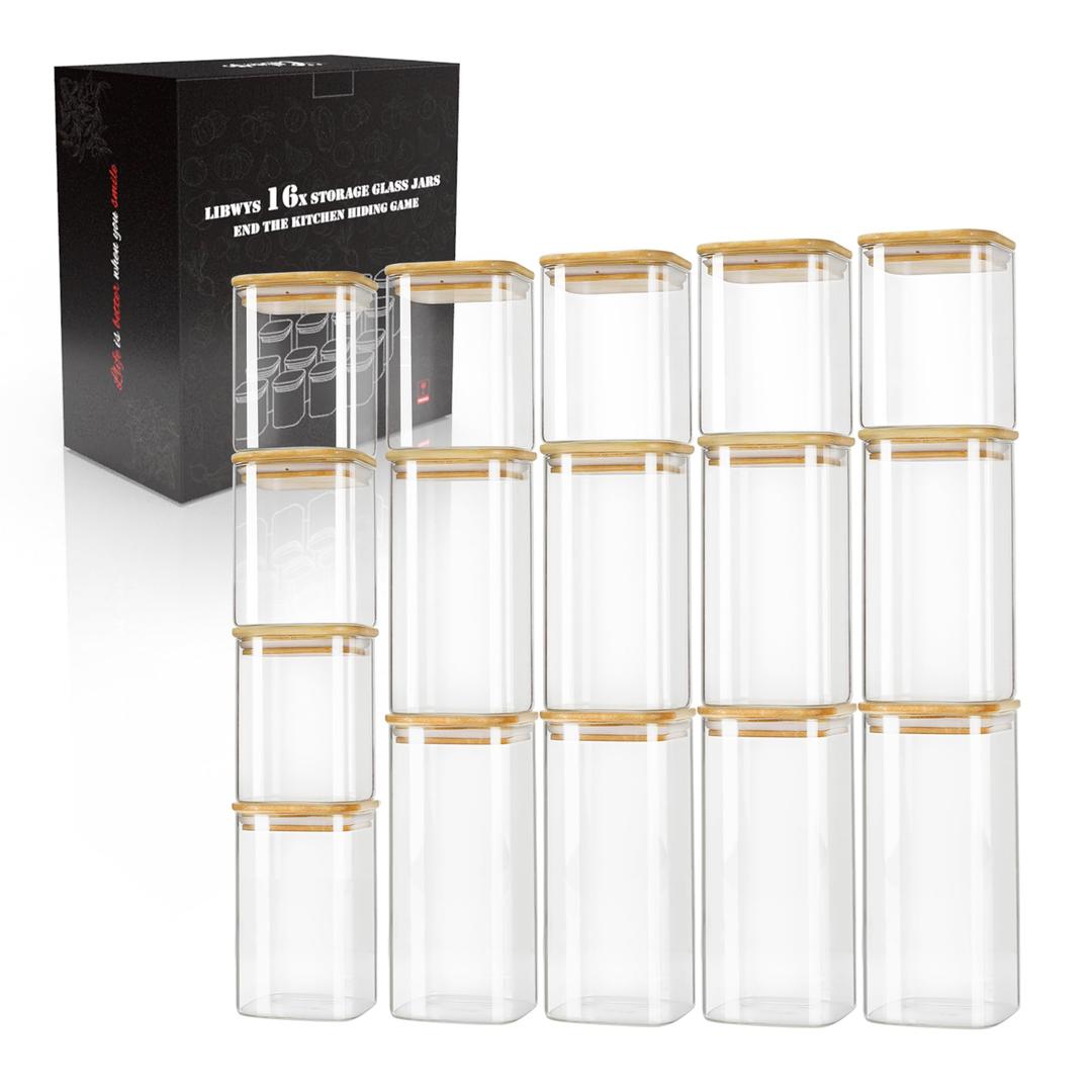 LIBWYS 16-Pack Square Glass Storage Jars with Bamboo Lids (0.6Qt/1.06Qt)