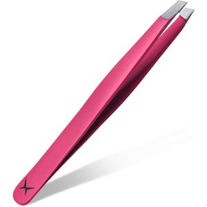 Slanted Stainless Steel Tweezers for Men & Women - Precision Eyebrow Tweezers for Facial Hairs, Strong Grip, Fine Tip, Professional Tweezer for Plucking & Grooming (Neon Pink)