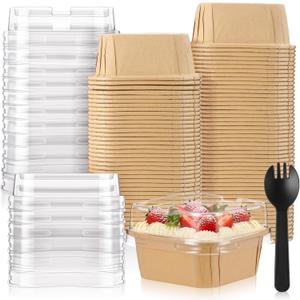 LemonRoad 100 Set Baking Pans with Lids and Spoons 6 oz Dessert Cups Pack Square Cupcake Cups Kraft Paper Loaf Pan Disposable Food Containers Bowls for Cake Ice Cream Yogurt Party Food