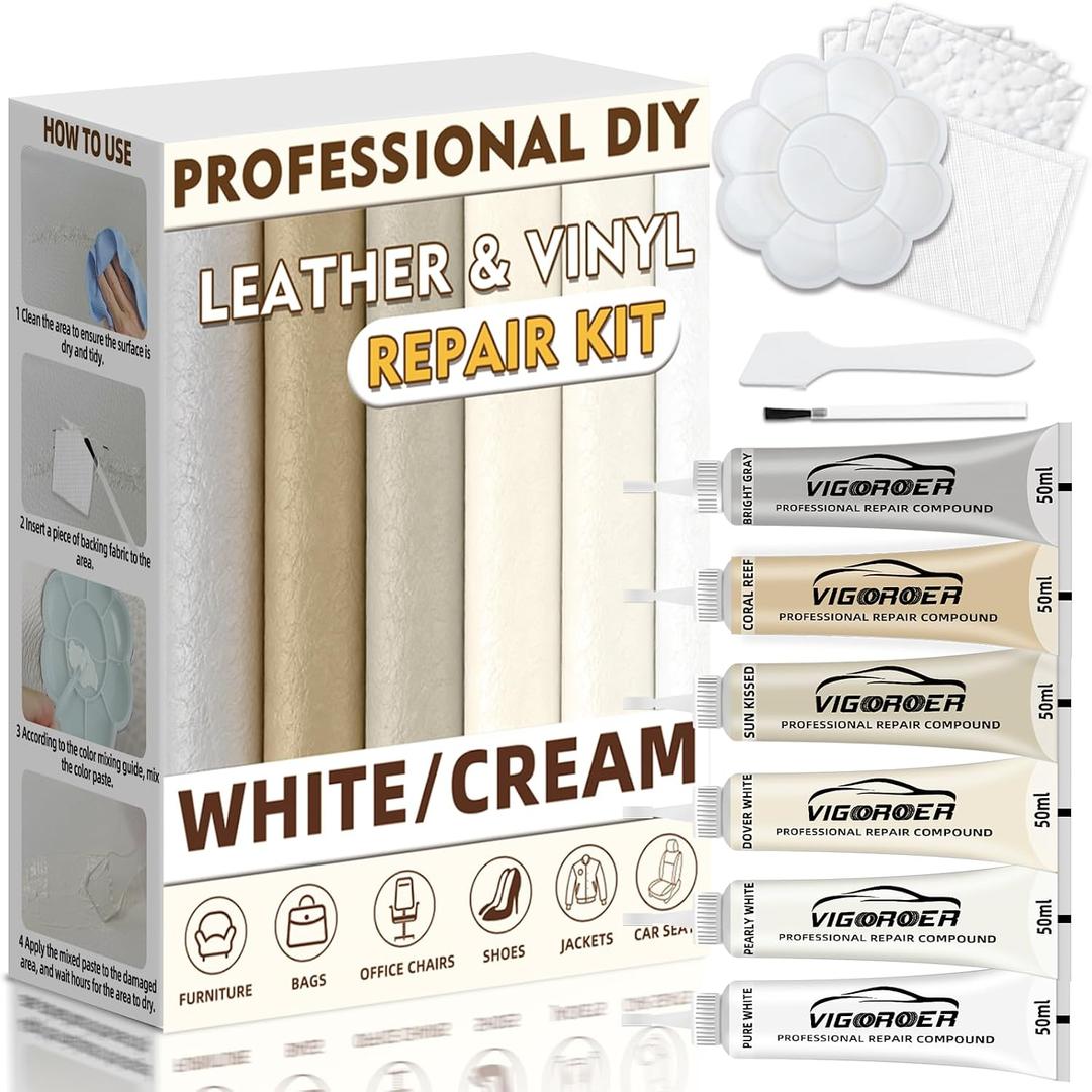 Vigorder Cream Leather Repair Kit for Furniture, Vinyl Repair Kit for Car Interior, Sofa, Jacket, Purse – Super Easy Instructions to Fix Scratches, Tears, Holes, and Peeling