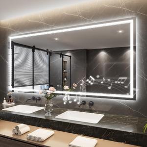 Keonjinn 84" x 40" Lighted Mirrors for Bathroom Wall with Bluetooth Speaker, Frontlit & Backlit LED Bathroom Mirror, Large Bluetooth Mirror Bathrooms, Tempered Glass, Dimmable3 Color Lights, UL-Listed