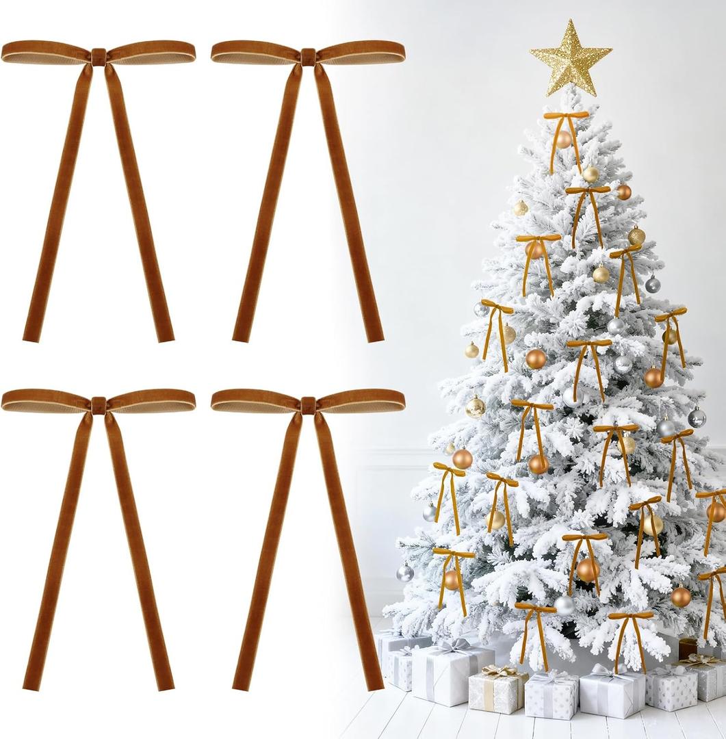 10 x MEWTOGO 24Pcs Khaki Velvet Bows for Christmas Tree Decorations - 5x7in Velvet Ornaments with Tie for Christmas Wreath