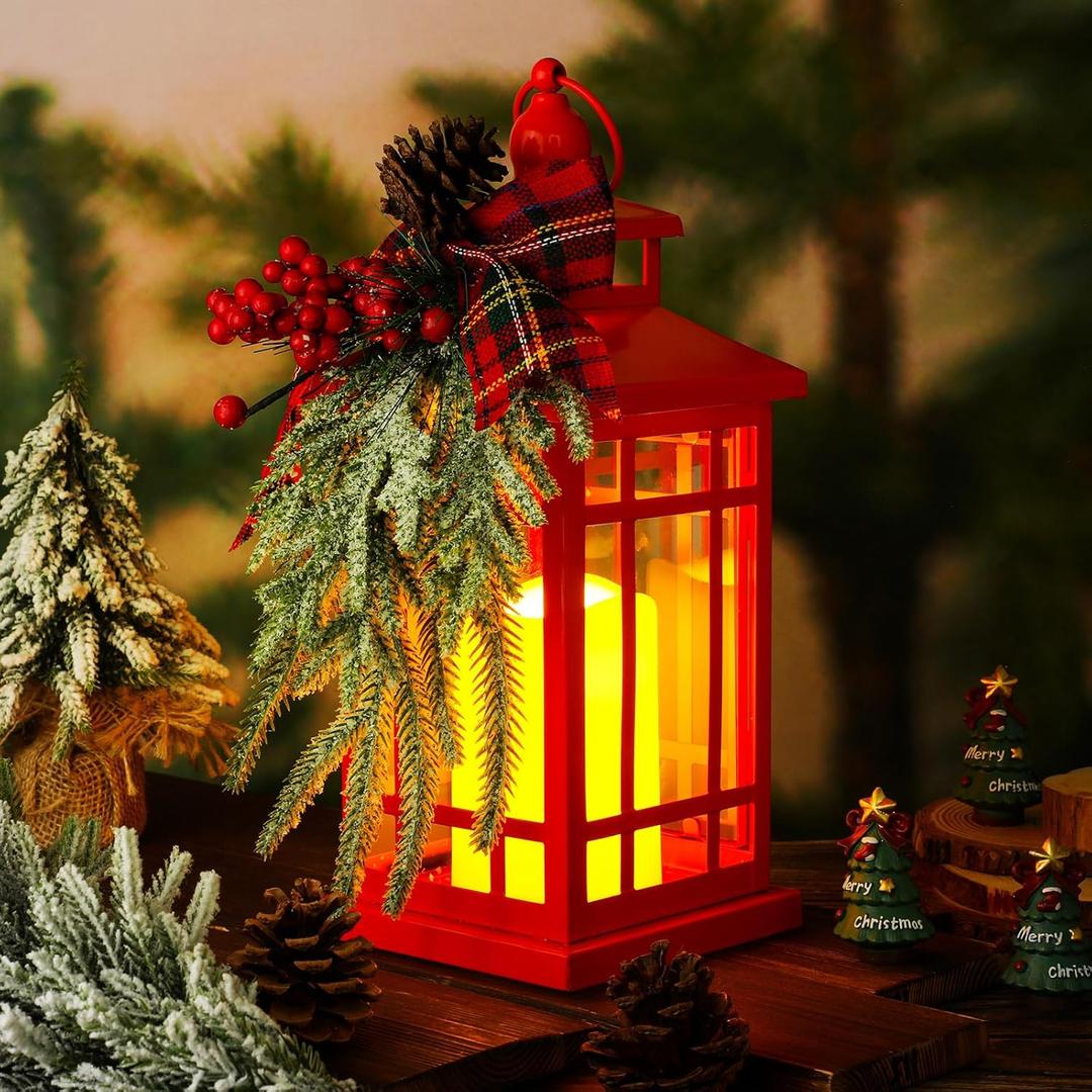 Baquler Christmas Lanterns Decorations 14 Inch Red Decorative Lantern Battery Powered Lanterns Decor Vintage Lantern Hanging Metal Indoor for Holiday Christmas Table Decor