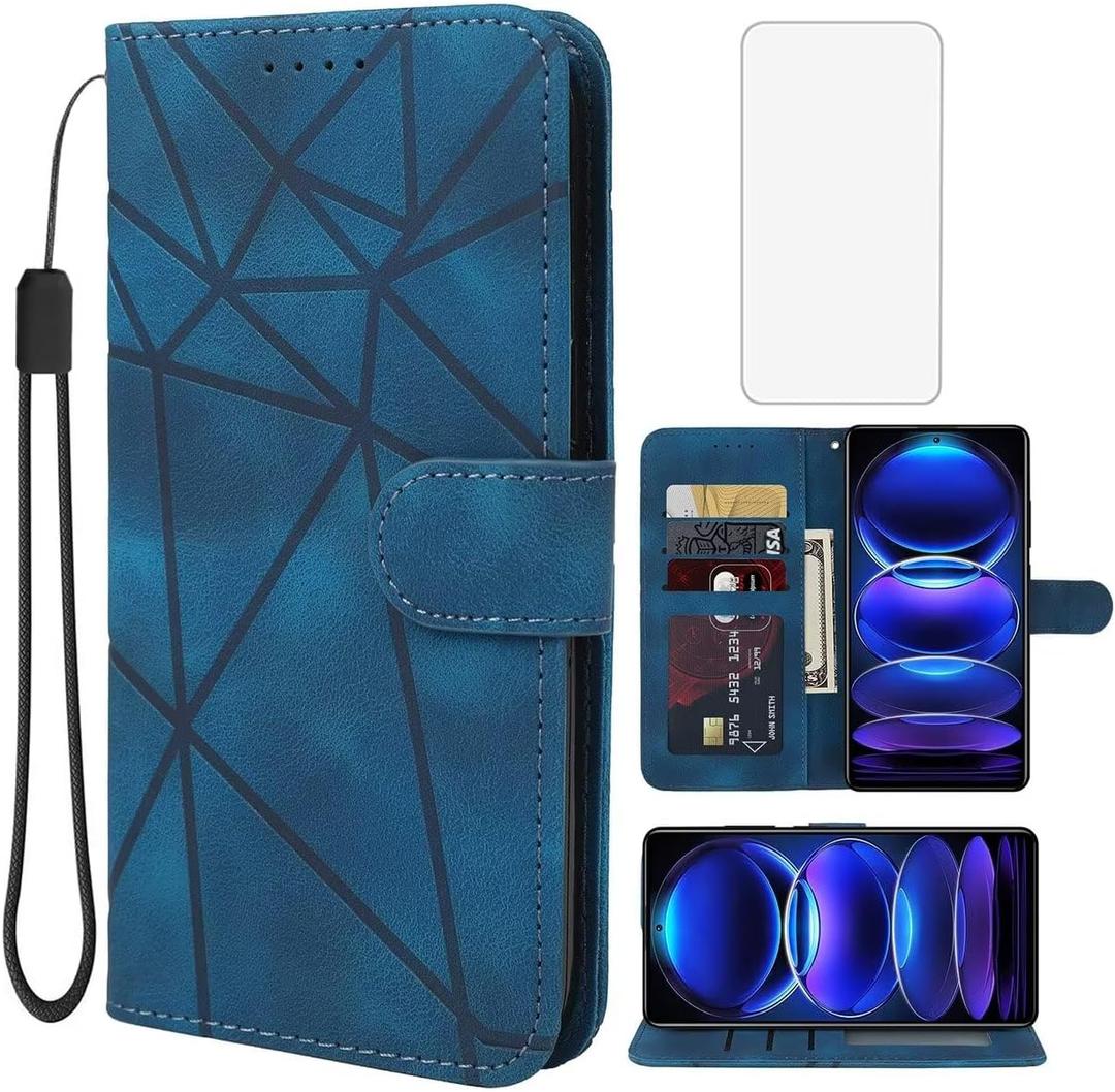 Case for Redmi Note 12 Pro Plus 5G/Redmi Note 12 Explorer Wallet Case with Tempered Glass Screen Protector, Leather Flip Credit Card Holder Stand Cover for Xiaomi Redmi Note 12 Pro+ 5GBlue