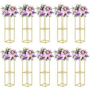 YALLOVE 10 Pcs 31.5 Inch Metal Flower Stand, Gold Centerpieces Vases Stand With Clear Acrylic Sheets, Geometric Display Rack for Wedding Party Decorations
