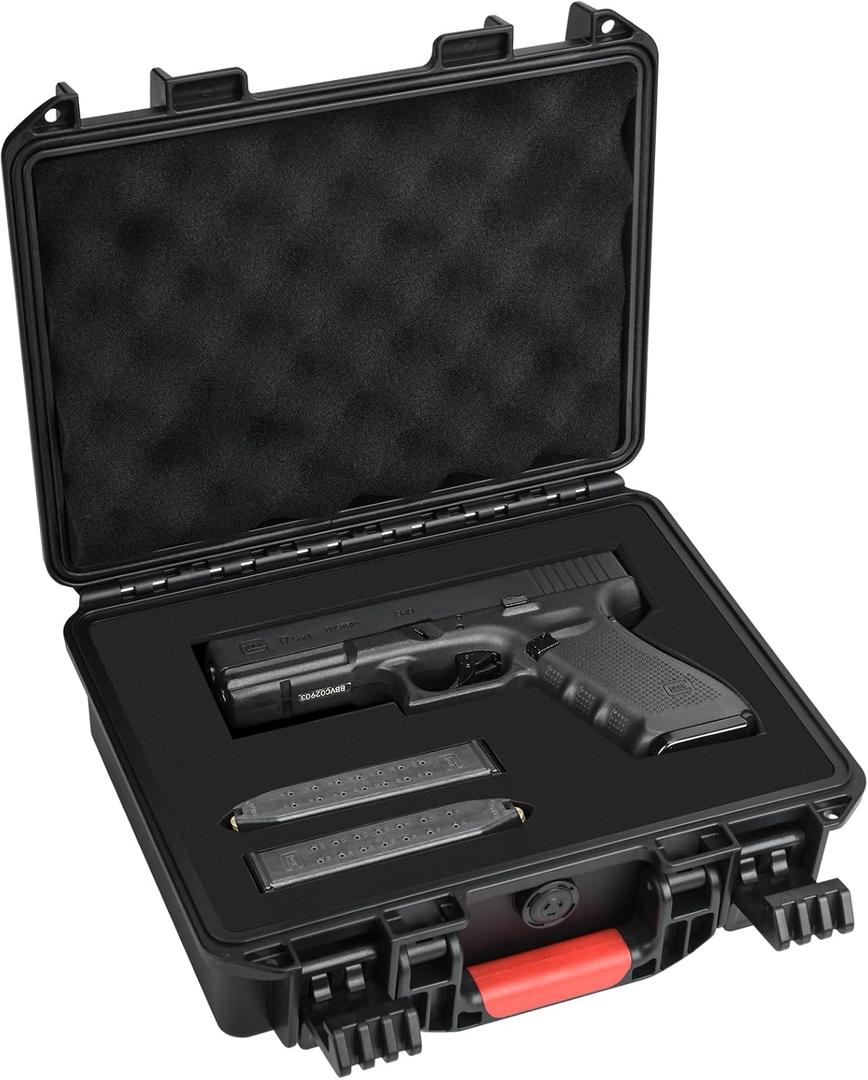Gun Case TSA Approved Pistol Case Hard Shell Waterproof with DIY Customizable Pre-cut Foam Insert - Travel Gun Case for Gun Case 9mm (1 Pistol Case & 6 Magazine)