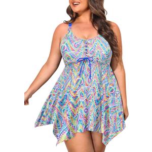 NIeyook Plus Size Two Piece Swimsuits for Women Tankini Bathing Suits Flowy Swim Dress with Shorts Colorful Paisley 16W