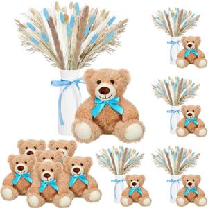 6 Sets 123 Pcs Baby Shower Table Centerpieces Dried Pampas Decor Bear Stuffed Ceramic Look Plastic Vase with Bow for Boho Wedding Bridal Shower Flowers Table Decorations(Blue,Boy)