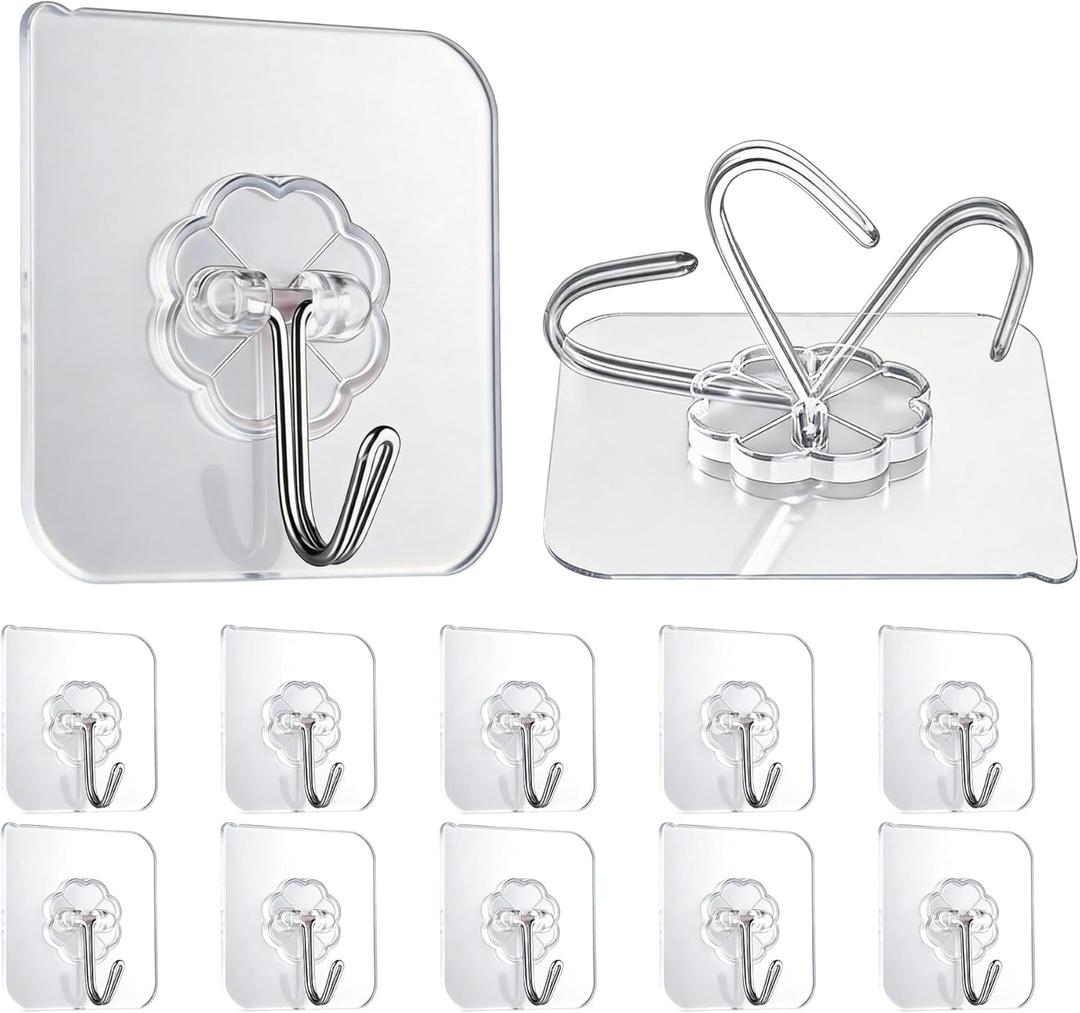 10 Pack Heavy Duty Self Adhesive Wall Hooks, Holds 33lb Max - Transparent Waterproof & Oilproof Hooks for Bathroom, Kitchen, No Drilling Strong Adhesive Holds Towels, Robes, Coats, Utensils