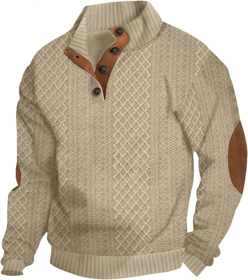 Men's Casual Sweatshirt Pullover Sweater Casual Long Sleeve Stand Collar Quarter Button Sweaters (XX-Large, Khaki)