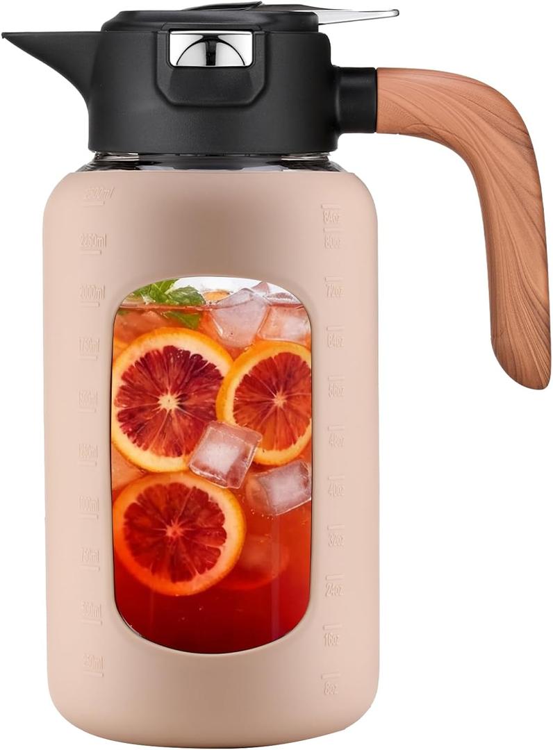 84 oz/2.5 Liter Glass Pitcher with Lid and Handle, Glass Carafe/Jug for Hot/Cold Water, Large Iced Tea Pitcher for Coffee, Juice and Homemade Beverage (Amber)