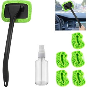 Desin Car Windshield Cleaning Tool, Windshield Cleaner with 5 Washable and Reusable Microfiber Pads and Extendable Handle, for Auto Glass Wiper (Green)
