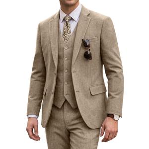 Brown Mens Tweed Suit 3 Pieces Bussiness Wedding Suit Slim Fit Formal Prom Wool Suit for Men Tuxedos Set Beige M