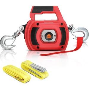 Portable Drill Winch of 1500 LB, Red Handheld Drill Winch with 40 Foot Synthetic Rope, Rotate The Hook 360 Degrees, for Lifting & DraggingDown Strap with D Rings