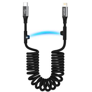 AGVEE 3ft Coiled Short USB-C to Lightning Charging Cable [MFI Certified] 30W PD Fast Charger Cord in Car for iPhone 14/13/12/11/XS/8/7/6/5 CarPlay, iPad, iPod, Dark Gray