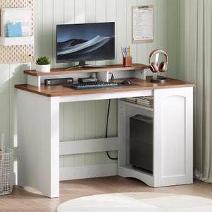 HOOBRO Computer Desk, Office Desk with Charging Station, Farmhouse Executive Desk with Monitor Stand & Adjustable Shelf, Small Desk for Small Space, Study, Living Room, White and Walnut WH85UDN01, 39.4"L x 19.7"W x 33.5"H