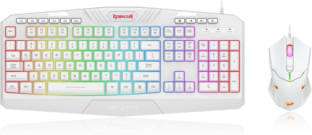 Redragon Updated S101W-1 Programmable Gaming Keyboard and Mouse, RGB Backlit Keyboard Mouse with Software, Independent Macro Record Keys, Value Combo Set, White