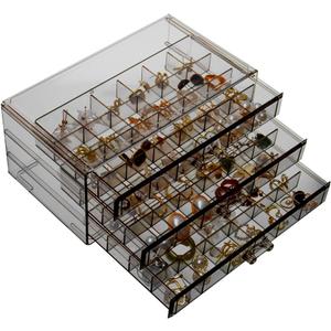 Earring Storage Box Organizer 3 Drawers Acrylic Jewelry Storage Box Holder Transparent Jewelry Display Stand with 72 Small Compartments Gift for Women Girls (Clear Black)