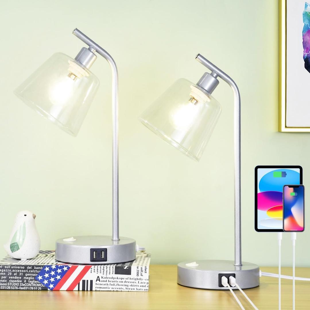 Lucia Silver Glass USB Table Lamp with USB Port Set of 2,Modern Bedside Night Table Lamp for Living Room Bedroom,8.275.51H15.75IN,Bulb Include