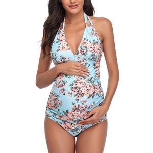 SUMMERSUNSHINE Maternity One Piece Halter Swimwear Pregnancy V-Neck Bathing Suit Maternity Beach Wear Bikini Blue S