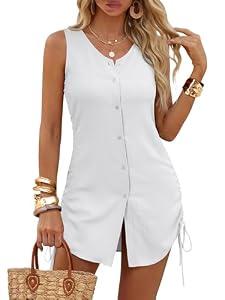 ANRABESS Swimsuit Coverup for Women 2026 V Neck Sleeveless Button Down Drawstring Bathing Suit Summer Beach Vacation Clothes White, XL