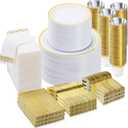 700 PCS Gold Dinnerware Set for 100 Guests, Plastic Dinnerware Set for Party, Include: 100 Gold Dinner Plates100 Dessert Plates, 100 Plastic Silverware Set, 100 Cups, 100 Paper Napkins