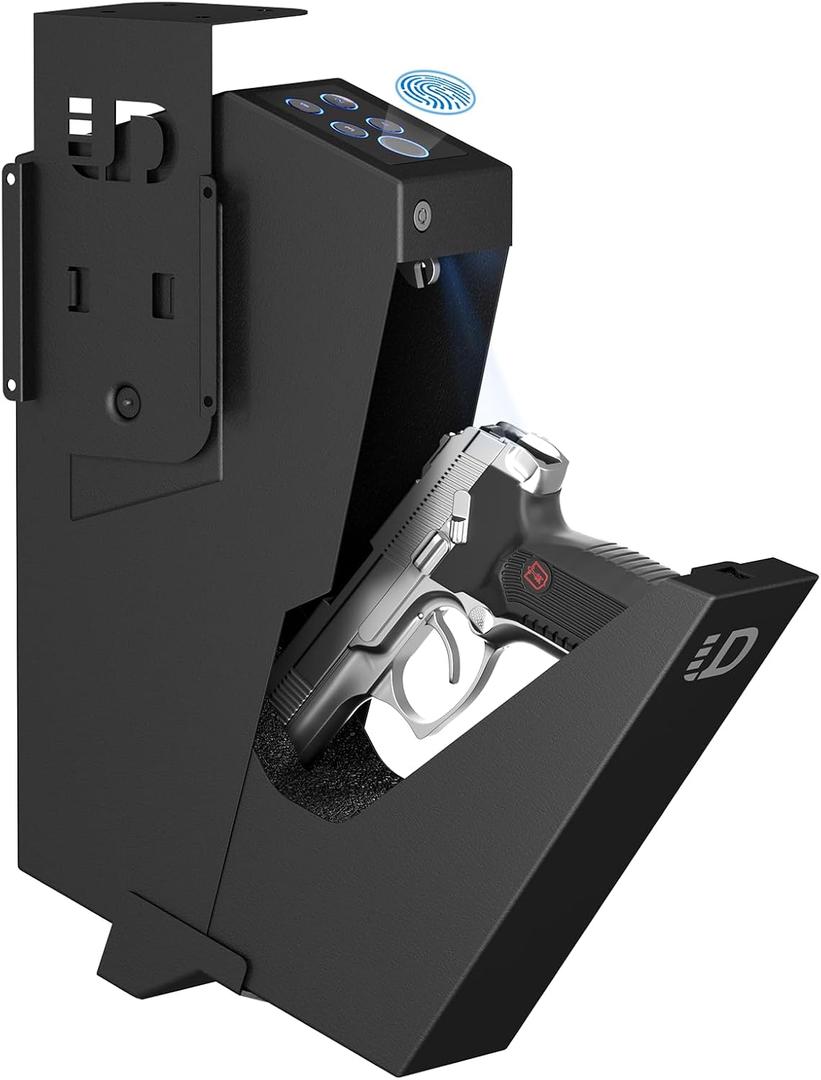 Urban Deco Gun Safe for Handgun Drop Down,Quick Access Pistol Safe Mounted Single Biometric Safes For Nightstand, Desk, Bedside,Vehicle Handgun Safe Auto Open - With Fingerprint, Pin Code, Key Access