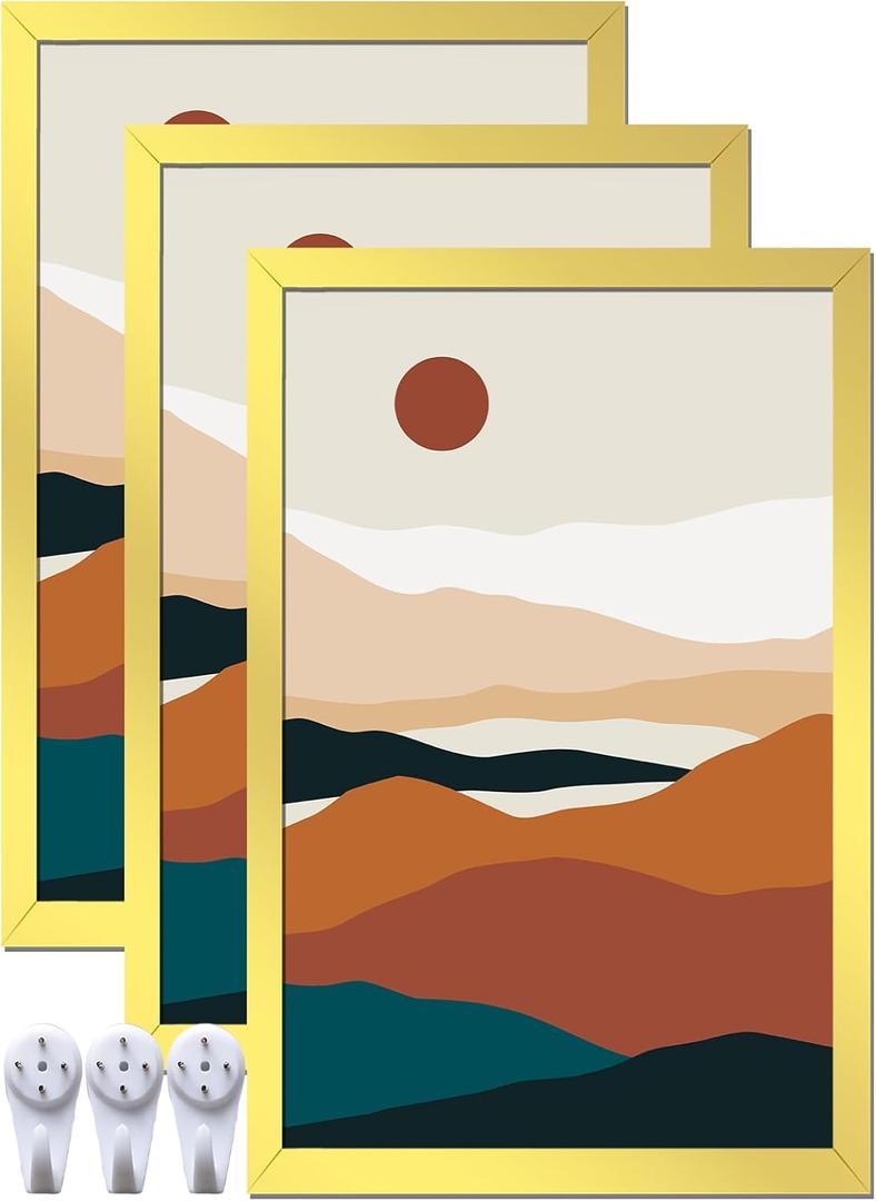 Gold 11x17 Picture Frame Set of 3, High Transparent Frame for 11 By 17 Photo Collage Canvas Poster Size Wall Mount and Tabletop Horizontally Vertically (Gold, 11 x 17 inches)