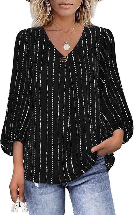 Womens Balloon 3/4 Sleeve Causal Loose V Neck Chiffon Blouses Tops, Medium