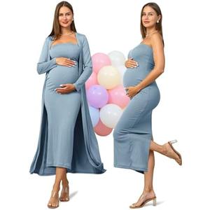 Rnxrbb 2 Piece Maternity Dress Cardigan Baby Shower Wedding Guest Summer Gender Reveal Photoshoot Tube Maternity Dress Long XL Light Blue