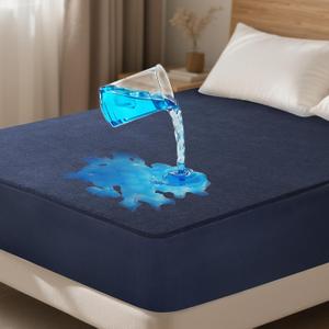 OhGeni 100% Waterproof Mattress Protector, Full Navy Blue Size, Fitted Sheet with Deep Pockets, 6''-18'', Premium Noiseless Breathable Soft Material, Mattresses Cover for Bed