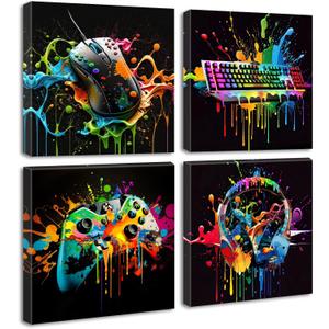 Gamer Room Decor for Boys - Game Wall Art Graffiti Gamepad Earphone Canvas Print Pictures Cool Video Gaming Poster Street Pop Men Cave Teen Bedroom Dorm Playroom Home Artwork Framed 12"X12"X4 Panels